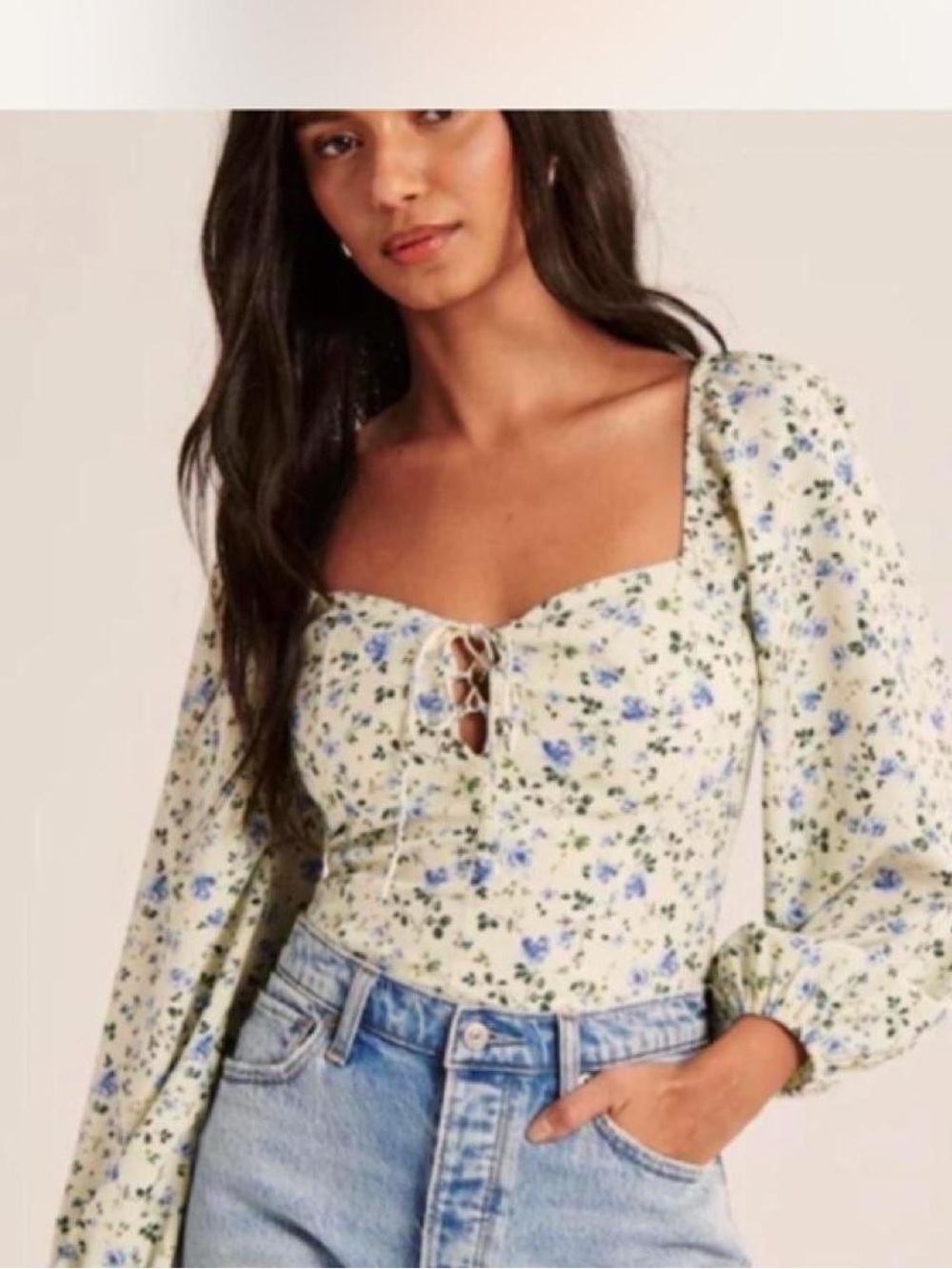 Abercrombie & Fitch Cream Crop Top with Blue Floral Print